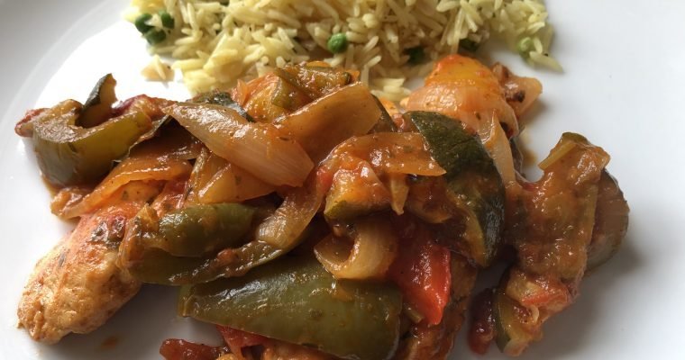 Chicken and ratatouille with rice and peas