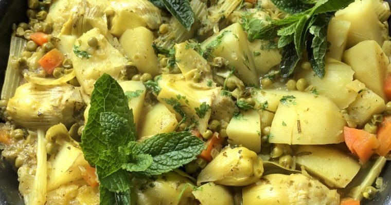 Vegan pea and artichoke stew