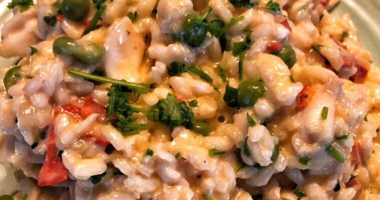 Risotto with haddock, chorizo and peas.