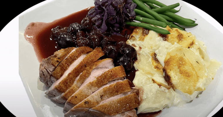 Crispiest Duck with Cherries and Potato Gratin